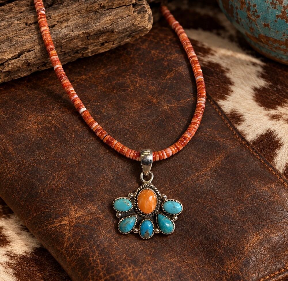 Mojave Turquoise & Orange Spiny Oyster Heishi Necklace – 16"